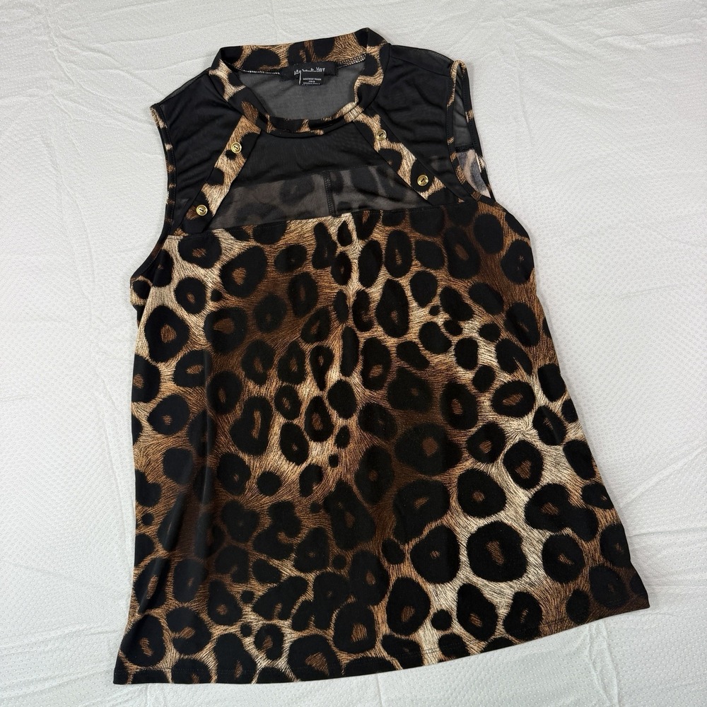 Adele & May Womens XL Leopard Print Sheer Mesh Yoke Sleeveless Mock Neck Top